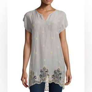 Johnny Was Seal Short Sleeve Long Lace-Hem Tunic